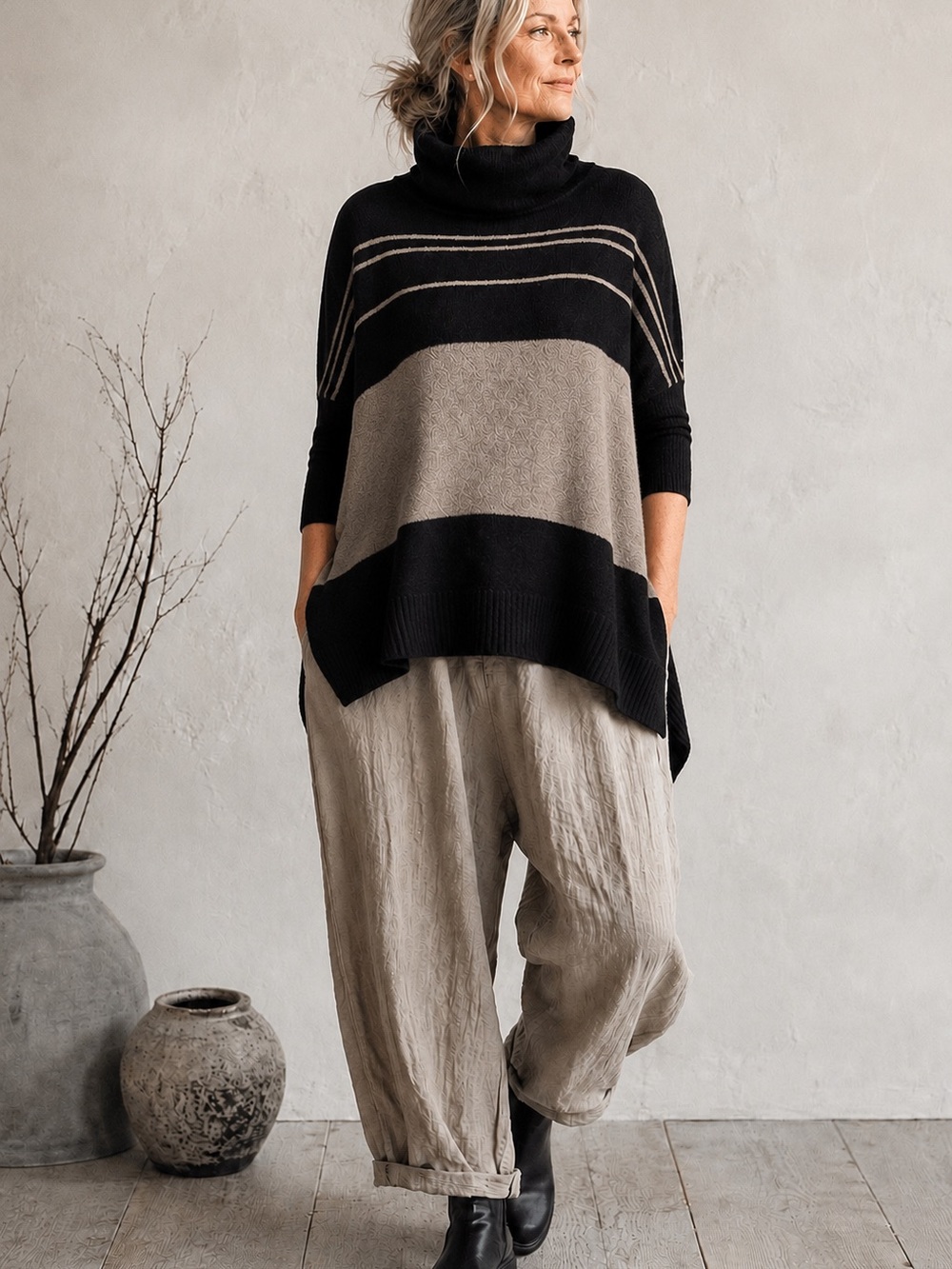 360 Cashmere Color Block Cowl Neck Poncho Sweater Black Taupe Size SMALL
